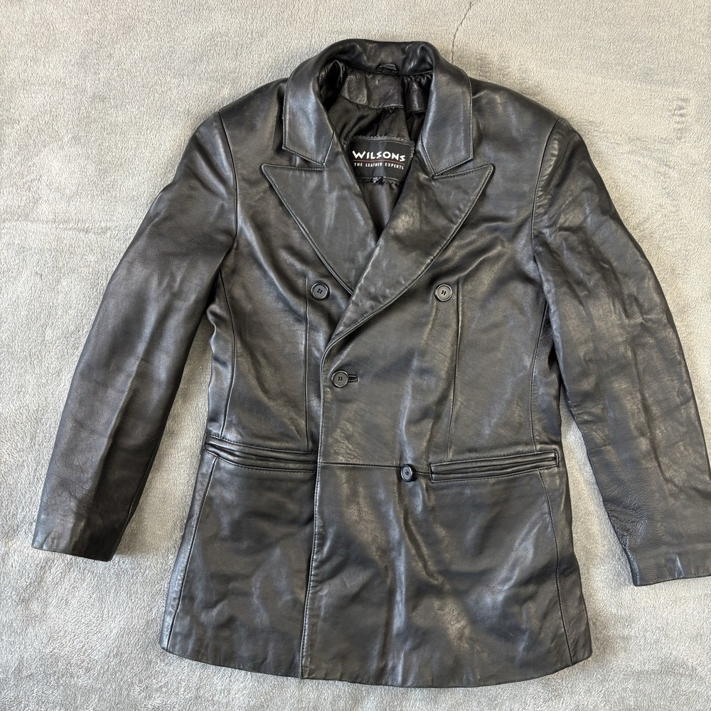 VTG Wilsons Leather Jacket Womens M Double‎ Breasted Coat Black Genuine Preppy